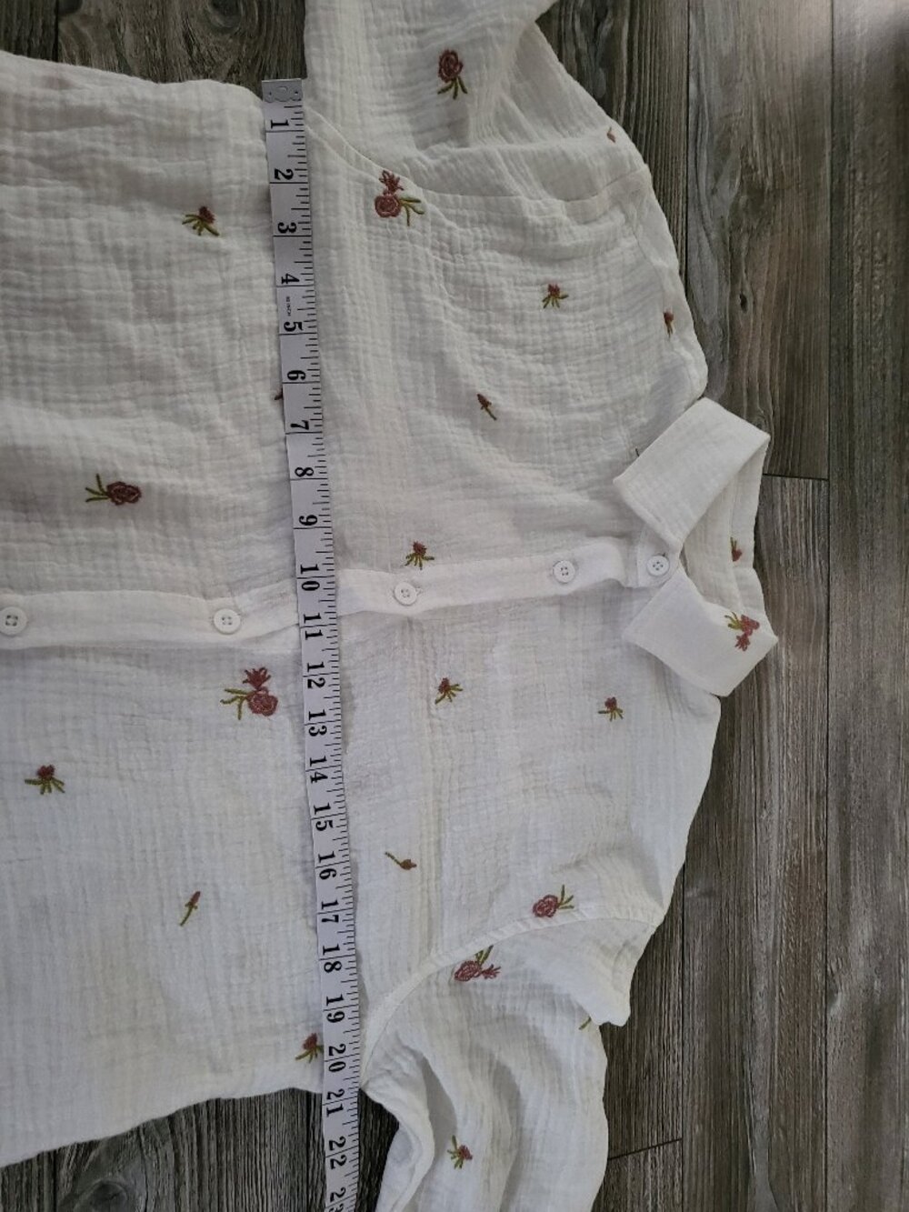 Embroidered White Double Gauze Cotton Button Down Shirt - Picture 4 of 11